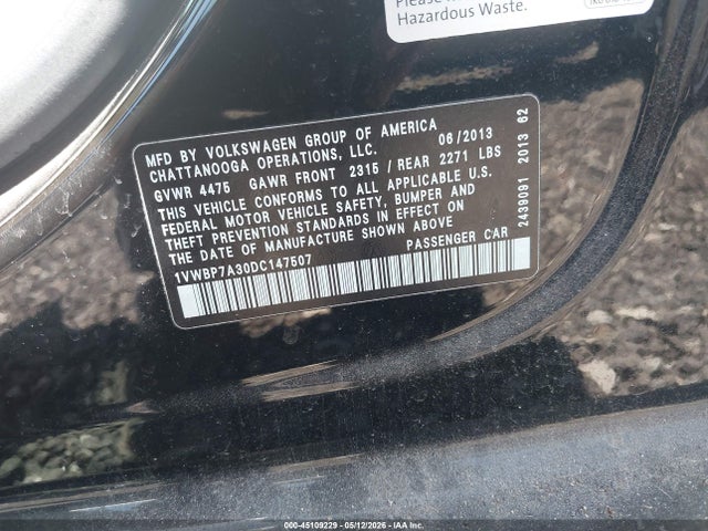 Продаж на аукціоні авто 2013 Volkswagen Passat 2.5l Se, vin: 1VWBP7A30DC147507, номер лоту: 45109229