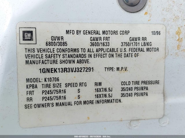 Aukcja sprzedaży 1997 Chevrolet Tahoe Ls, vin: 1GNEK13R3VJ327291, numer aukcji: 45109233