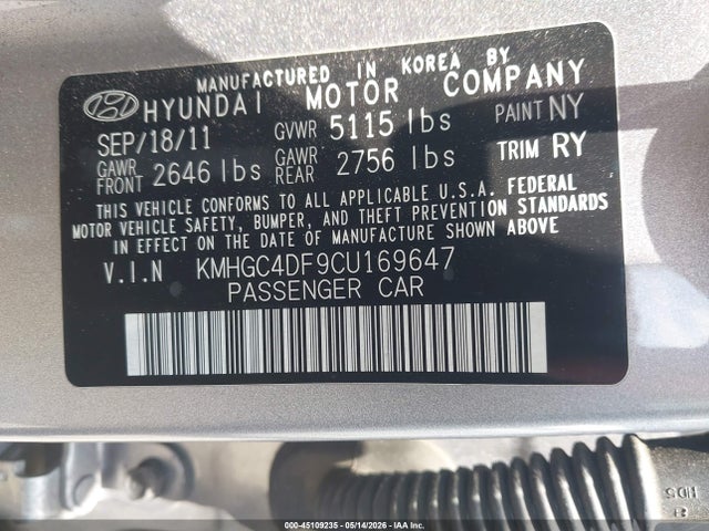 2012 Hyundai Genesis 4.6 მანქანა იყიდება აუქციონზე, vin: KMHGC4DF9CU169647, აუქციონის ნომერი: 45109235