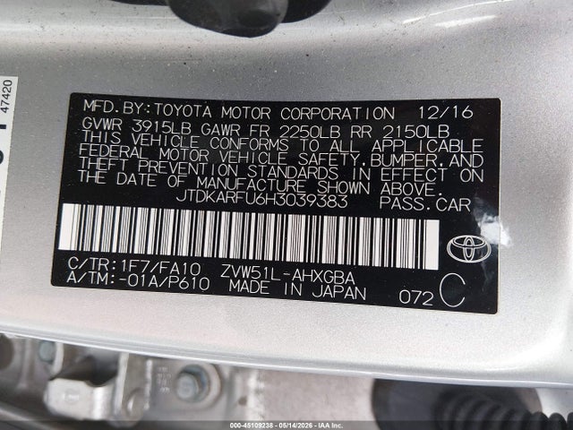Aukcja sprzedaży 2017 Toyota Prius Three, vin: JTDKARFU6H3039383, numer aukcji: 45109238