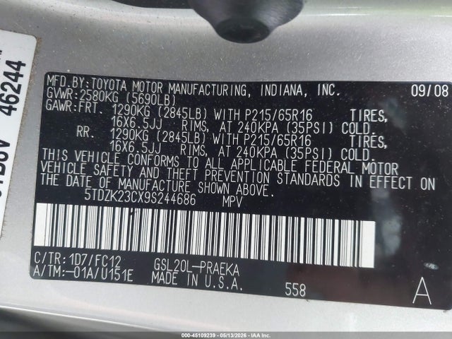 Продаж на аукціоні авто 2009 Toyota Sienna Le, vin: 5TDZK23CX9S244686, номер лоту: 45109239