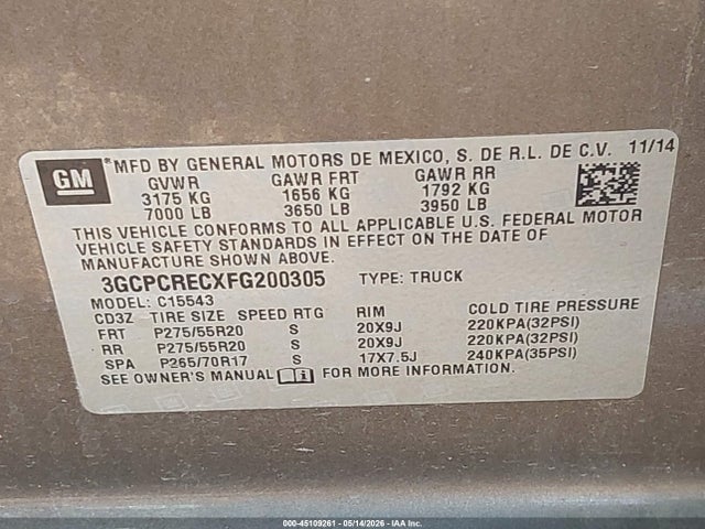 Продаж на аукціоні авто 2015 Chevrolet Silverado 1500 1lt, vin: 3GCPCRECXFG200305, номер лоту: 45109261