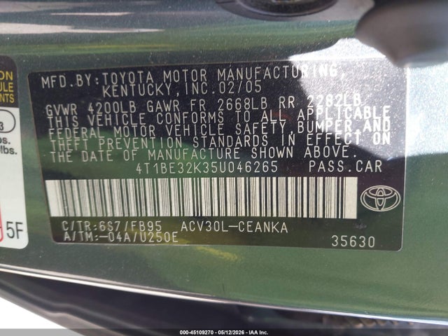 Продажа на аукционе авто 2005 Toyota Camry Le/xle/se, vin: 4T1BE32K35U046265, номер лота: 45109270