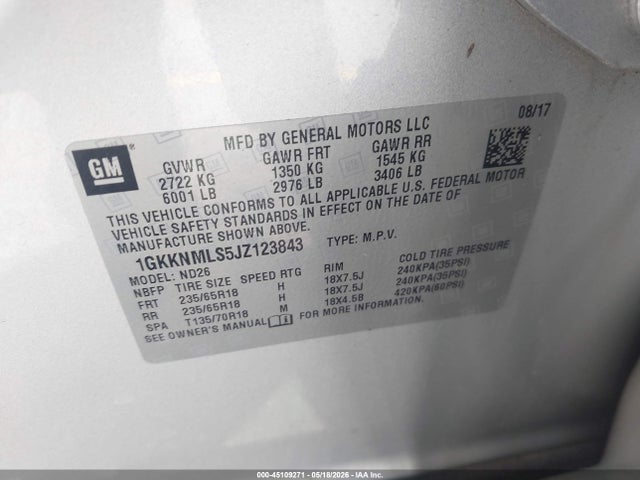 Aukcja sprzedaży 2018 Gmc Acadia Slt-1, vin: 1GKKNMLS5JZ123843, numer aukcji: 45109271
