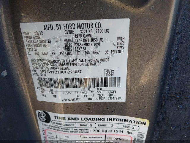 Продажа на аукционе авто 2012 Ford F-150 Lariat, vin: 1FTFW1CT8CFB21087, номер лота: 45109278