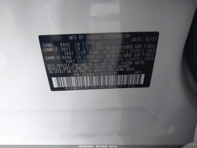 Aukcja sprzedaży 2021 Subaru Ascent Limited, vin: 4S4WMAPD3M3439724, numer aukcji: 45109281