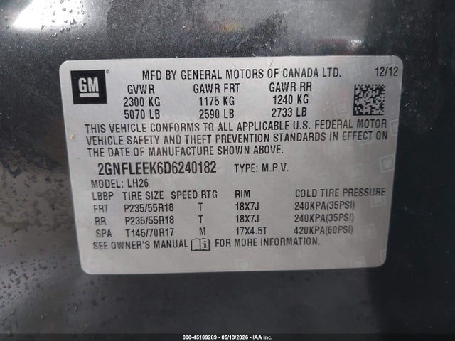 45109289 :رقم المزاد ، 2GNFLEEK6D6240182 vin ، 2013 Chevrolet Equinox 1lt مزاد بيع