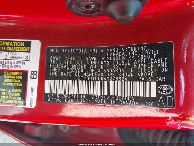 45109290 :رقم المزاد ، 2T1BU4EE0AC278624 vin ، 2010 Toyota Corolla Le مزاد بيع