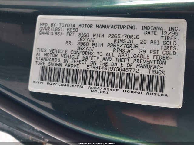 Aukcja sprzedaży 2000 Toyota Tundra Ltd V8, vin: 5TBBT4819YS046772, numer aukcji: 45109293