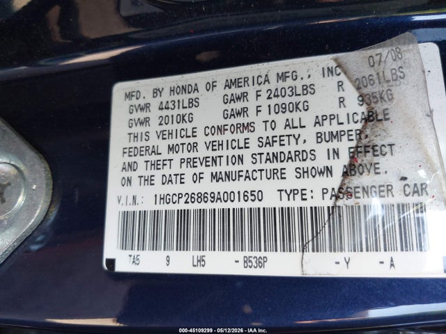 Aukcja sprzedaży 2009 Honda Accord 2.4 Ex-l, vin: 1HGCP26869A001650, numer aukcji: 45109299