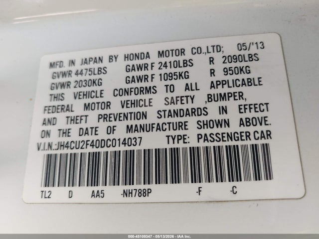 Продажа на аукционе авто 2013 Acura Tsx 2.4, vin: JH4CU2F40DC014037, номер лота: 45109347