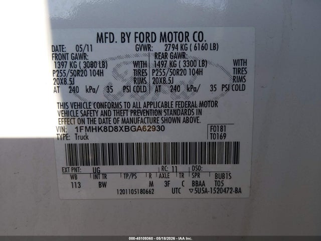 45109360 :رقم المزاد ، 1FMHK8D8XBGA62930 vin ، 2011 Ford Explorer Xlt مزاد بيع