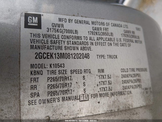 45109374 :رقم المزاد ، 2GCEK13M081202048 vin ، 2008 Chevrolet Silverado 1500 Lt1 مزاد بيع