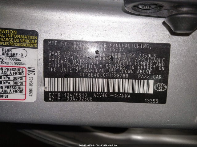 45109383 :رقم المزاد ، 4T1BE46KX7U158788 vin ، 2007 Toyota Camry Le مزاد بيع