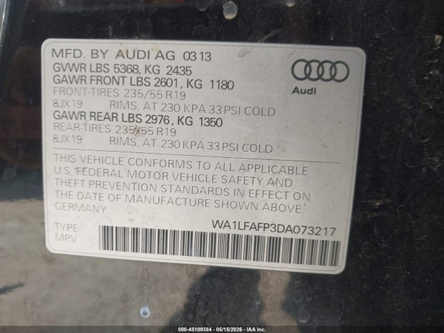 2013 Audi Q5 2.0t Premium მანქანა იყიდება აუქციონზე, vin: WA1LFAFP3DA073217, აუქციონის ნომერი: 45109384