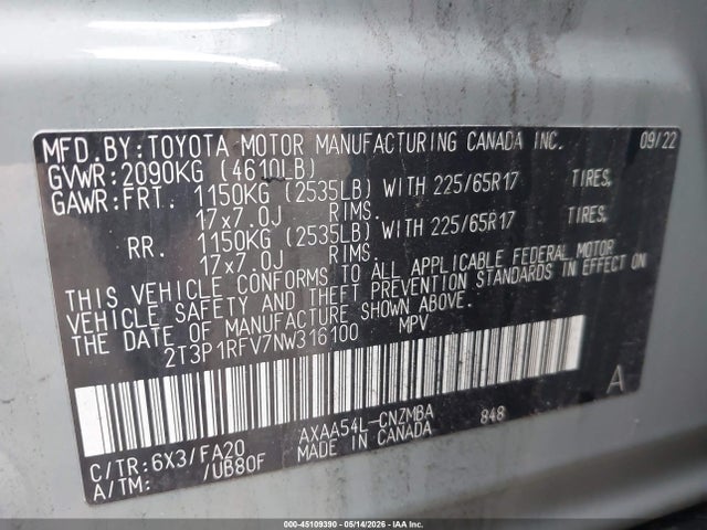 Aukcja sprzedaży 2022 Toyota Rav4 Xle, vin: 2T3P1RFV7NW316100, numer aukcji: 45109390