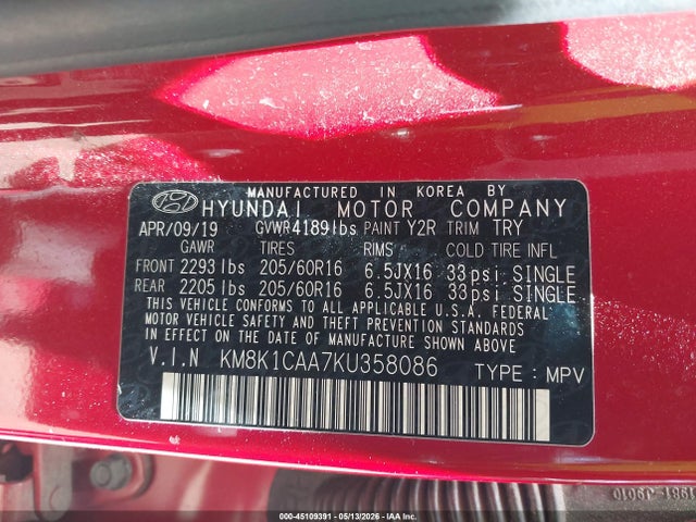 2019 Hyundai Kona Se მანქანა იყიდება აუქციონზე, vin: KM8K1CAA7KU358086, აუქციონის ნომერი: 45109391