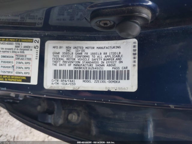 Продаж на аукціоні авто 2006 Toyota Corolla Ce, vin: 1NXBR32E16Z649151, номер лоту: 45109395