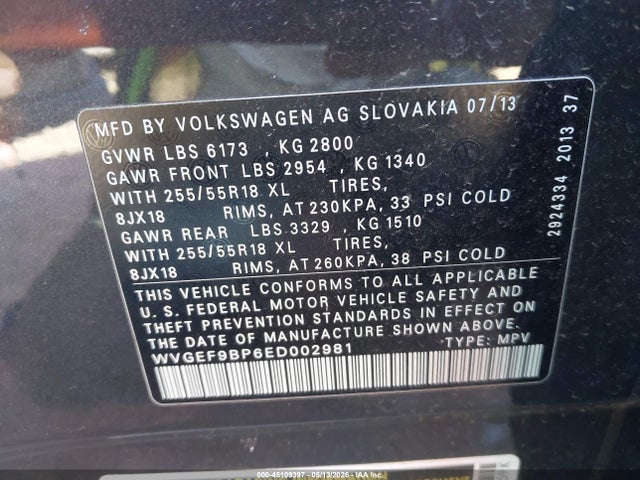 Aukcja sprzedaży 2014 Volkswagen Touareg 3.6l Sport, vin: WVGEF9BP6ED002981, numer aukcji: 45109397
