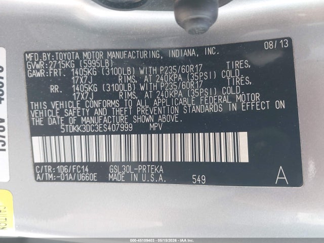2014 Toyota Sienna Le V6 8 Passenger მანქანა იყიდება აუქციონზე, vin: 5TDKK3DC3ES407999, აუქციონის ნომერი: 45109403