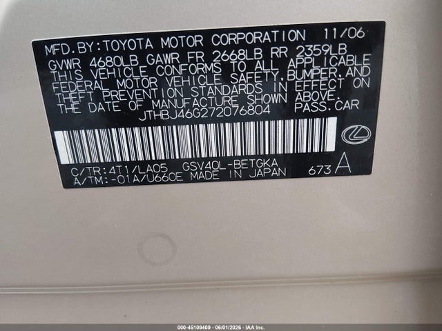 Продажа на аукционе авто 2007 Lexus Es 350, vin: JTHBJ46G272076804, номер лота: 45109409