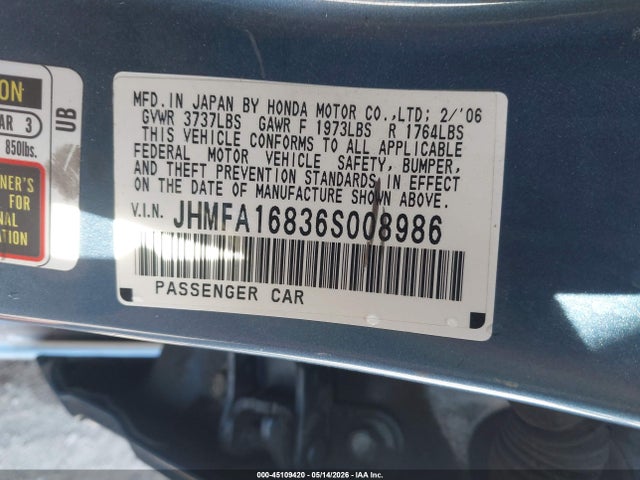 Aukcja sprzedaży 2006 Honda Civic Ex, vin: JHMFA16836S008986, numer aukcji: 45109420
