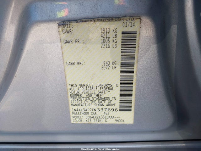 Продаж на аукціоні авто 2014 Nissan Altima 2.5/2.5 S/2.5 Sl/2.5 Sv, vin: 1N4AL3AP2EN337696, номер лоту: 45109423