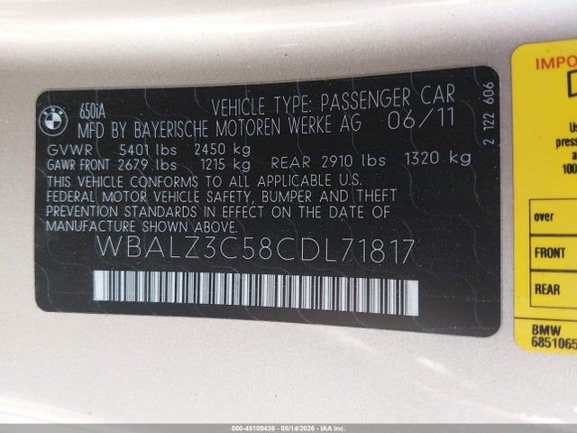 Продажа на аукционе авто 2012 Bmw 650i, vin: WBALZ3C58CDL71817, номер лота: 45109436