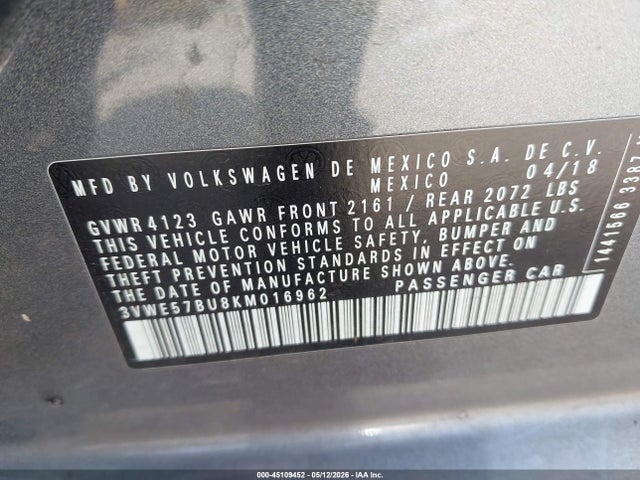 Aukcja sprzedaży 2019 Volkswagen Jetta 1.4t Sel, vin: 3VWE57BU8KM016962, numer aukcji: 45109452