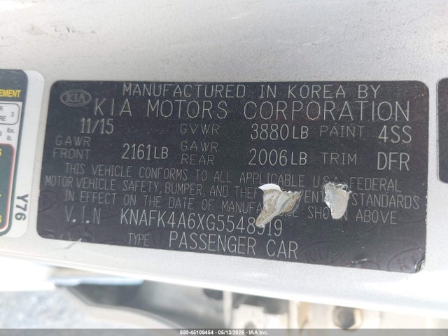 Aukcja sprzedaży 2016 Kia Forte Lx, vin: KNAFK4A6XG5548919, numer aukcji: 45109454