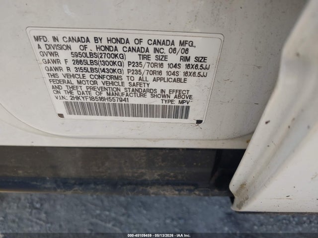 2006 Honda Pilot Ex-l მანქანა იყიდება აუქციონზე, vin: 2HKYF18516H557941, აუქციონის ნომერი: 45109459