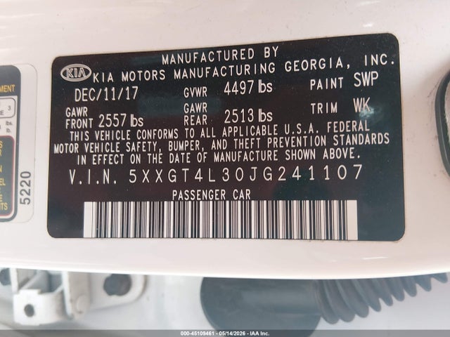 2018 Kia Optima S მანქანა იყიდება აუქციონზე, vin: 5XXGT4L30JG241107, აუქციონის ნომერი: 45109461