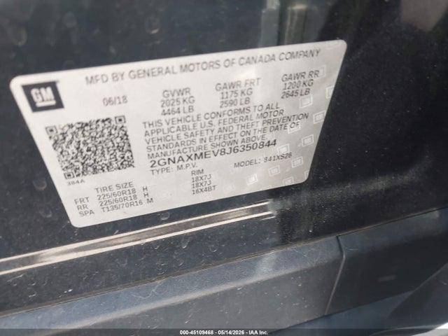 45109468 :رقم المزاد ، 2GNAXMEV8J6350844 vin ، 2018 Chevrolet Equinox Premier مزاد بيع