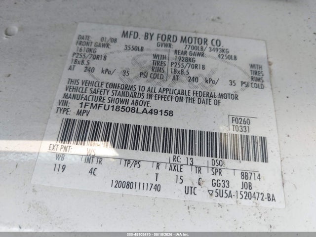 Aukcja sprzedaży 2008 Ford Expedition Eddie Bauer/king Ranch, vin: 1FMFU18508LA49158, numer aukcji: 45109470
