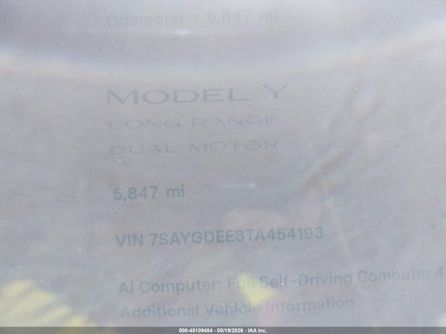 Aukcja sprzedaży 2026 Tesla Model Y All-wheel Drive/long Range Launch Series/premium All-wheel Drive, vin: 7SAYGDEE3TA454193, numer aukcji: 45109484