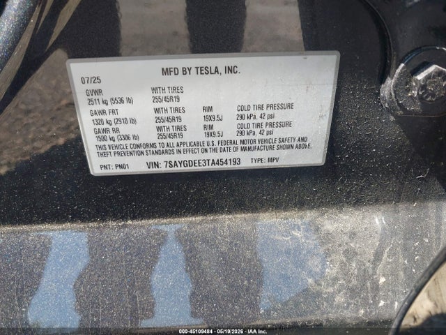 Aukcja sprzedaży 2026 Tesla Model Y All-wheel Drive/long Range Launch Series/premium All-wheel Drive, vin: 7SAYGDEE3TA454193, numer aukcji: 45109484