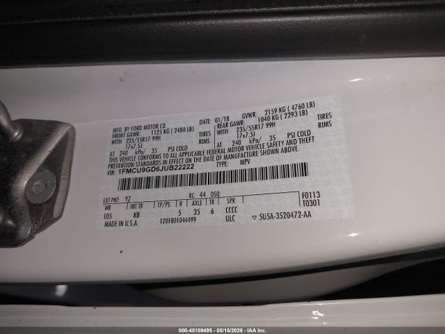 Продажа на аукционе авто 2018 Ford Escape Se, vin: 1FMCU9GD6JUB22222, номер лота: 45109495