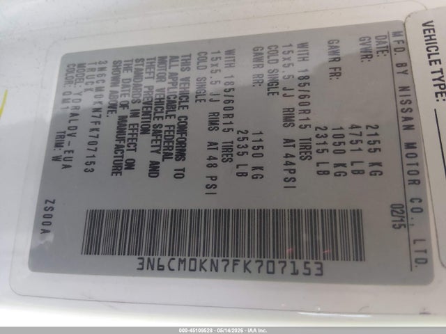 Aukcja sprzedaży 2015 Nissan Nv200 S, vin: 3N6CM0KN7FK707153, numer aukcji: 45109528