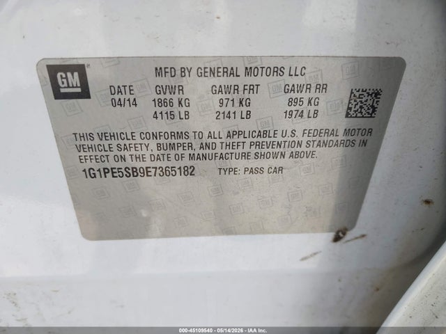 45109540 :رقم المزاد ، 1G1PE5SB9E7365182 vin ، 2014 Chevrolet Cruze 2lt Auto مزاد بيع