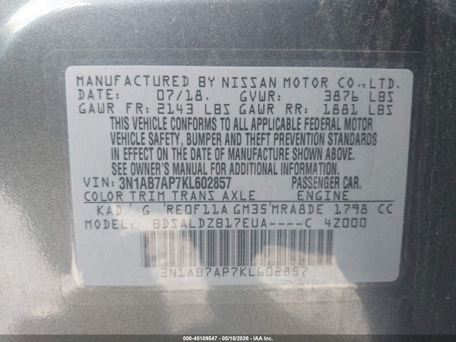 Nissan SENTRA SV 2019 3N1AB7AP7KL602857 Image 9
