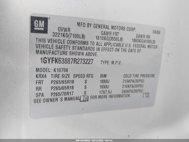 Продаж на аукціоні авто 2007 Cadillac Escalade Standard, vin: 1GYFK63887R273227, номер лоту: 45109582