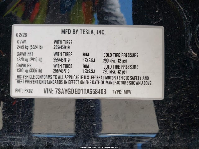 Aukcja sprzedaży 2026 Tesla Model Y Premium Rear-wheel Drive/rear-wheel Drive, vin: 7SAYGDED1TA658403, numer aukcji: 45109599