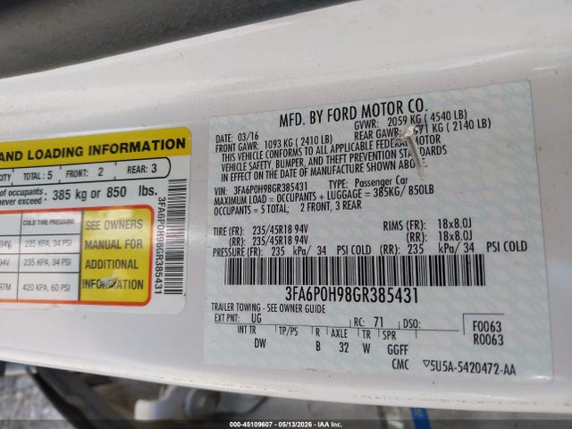 Aukcja sprzedaży 2016 Ford Fusion Se, vin: 3FA6P0H98GR385431, numer aukcji: 45109607