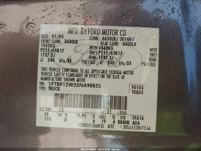 45109626 :رقم المزاد ، 1FTRF12W35NA98853 vin ، 2005 Ford F-150 Stx/xl/xlt مزاد بيع
