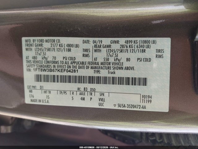 45109630 :رقم المزاد ، 1FT8W3B67KEF04281 vin ، 2019 Ford F-350 Xl مزاد بيع