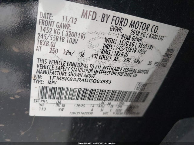 2013 Ford Utility Police Interceptor მანქანა იყიდება აუქციონზე, vin: 1FM5K8AR4DGB63853, აუქციონის ნომერი: 45109632