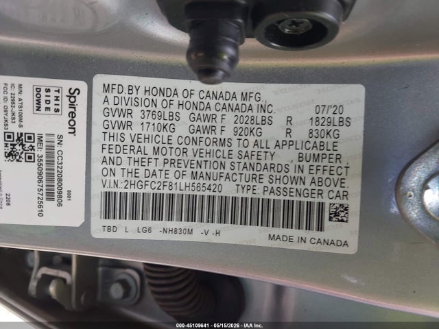 2020 Honda Civic Sport მანქანა იყიდება აუქციონზე, vin: 2HGFC2F81LH565420, აუქციონის ნომერი: 45109641
