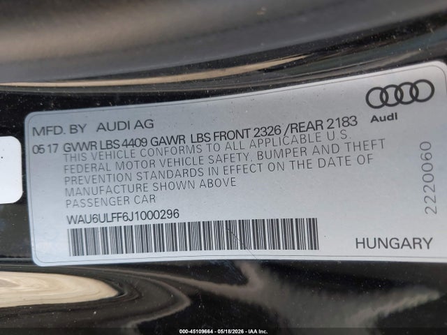 Aukcja sprzedaży 2018 Audi A3 2.0t Premium/2.0t Tech Premium, vin: WAU6ULFF6J1000296, numer aukcji: 45109664