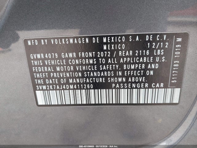 Продажа на аукционе авто 2013 Volkswagen Jetta 2.0l S, vin: 3VW2K7AJ4DM411260, номер лота: 45109669