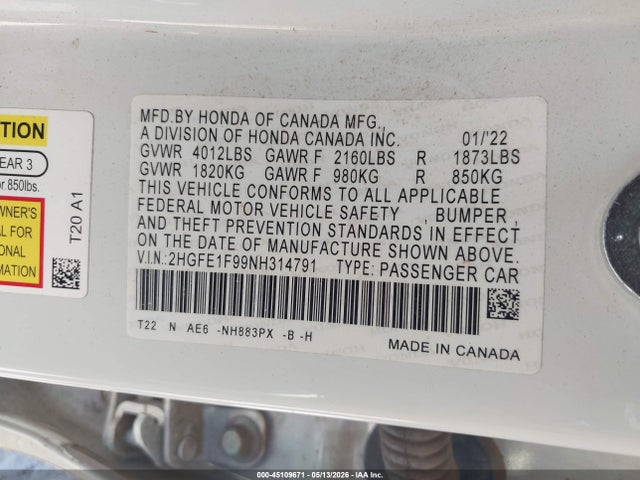 Honda Civic Touring 2022 2HGFE1F99NH314791 Image 9